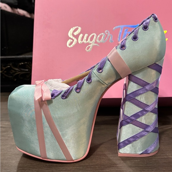NIB Dolls Kill / Sugar Thrillz Blue & Pink Sweet Sonata Ballet Wrap Heels - Picture 3 of 13